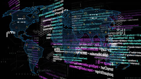 Animation-of-multicolored-computer-language,-geometric-shapes-on-map-over-black-background