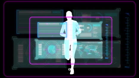 Animation-Von-Bildschirmen-Mit-Datenverarbeitung-über-Einem-Laufenden-Mann-Auf-Dunklem-Hintergrund