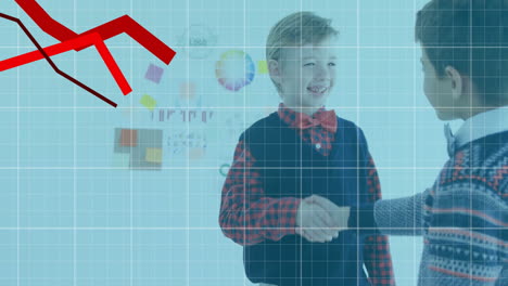 Animation-of-falling-graphs-and-grid-pattern-over-diverse-boys-shaking-hands