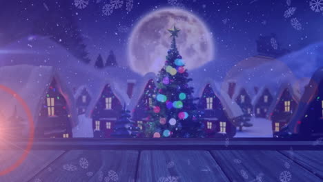 Animation-of-falling-snowflakes-over-christmas-village-on-purple-background