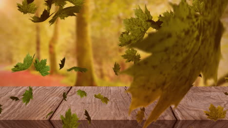 Animation-of-leaves-blowing-over-wooden-table-top-and-trees-in-forest