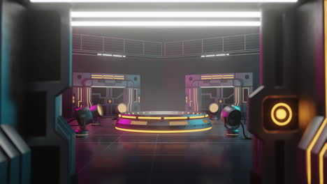 Animation-Von-Neon-Gaming-Funktionen-Mit-Bühnen--Und-Scheinwerferlichtern,-Die-Sich-Auf-Schwarzem-Hintergrund-Drehen