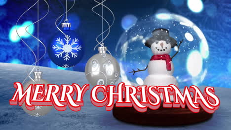 Animation-of-merry-christmas-text-and-snow-falling-over-snow-globe-with-snowman-in-winter-scenery