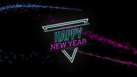Animation-of-neon-happy-new-year-text-over-glowing-light-trails-on-black-background