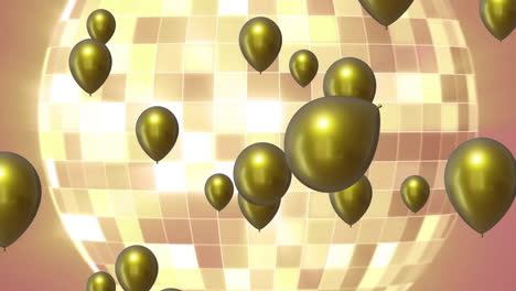 Animation-of-gold-balloons-with-mirror-ball-on-pink-background
