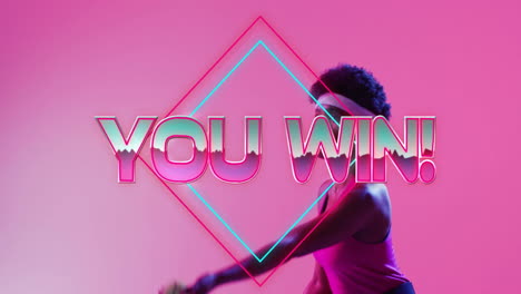 Animation-of-you-win-text,-neon-pattern-african-american-female-tennis-player