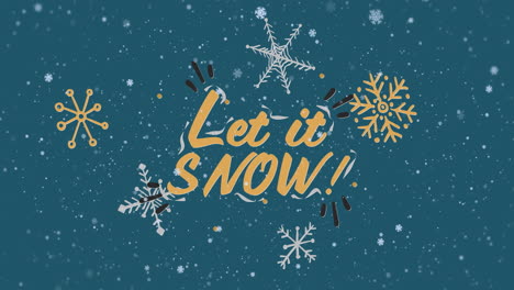 Animation-of-snow-falling-and-let-it-snow-text-over-snowflakes-on-green-background-at-christmas