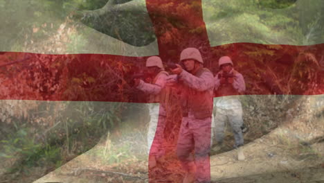 Animation-of-flag-of-england-over-caucasian-male-soldiers-holding-weapons-and-walking-in-forest