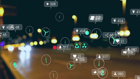 Animation-Von-Social-Media-Symbolen-Und-Daten-über-Unscharfen-Lichtern-Der-Stadt