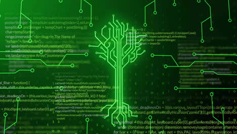 Animation-of-green-motherboard-and-tree-network-over-processing-data-on-dark-background
