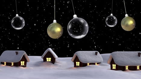 Animation-of-snow-falling-over-christmas-baubles-and-winter-scenery-with-houses-background