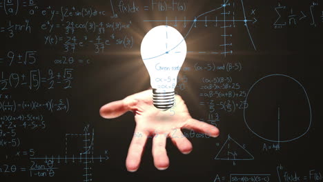 Animation-of-light-bulb-over-woman's-hand-and-mathematical-data-processing