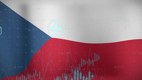 Animation-of-graphs,-data-and-energy-icons-over-flag-of-czechia