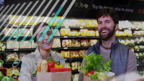 Animation-of-financial-data-processing-over-caucasian-couple-grocery-shopping