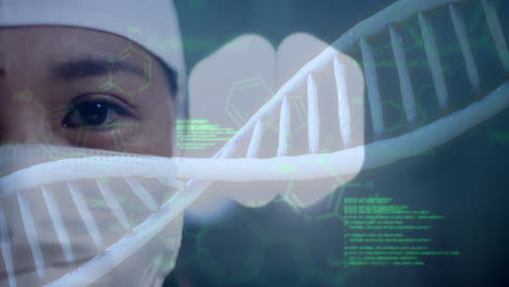 Animation-of-dna-strand-and-data-processing-over-asian-female-surgeon-in-hospital