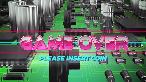 Animation-of-game-over-text-over-neon-pattern-and-circuit-board