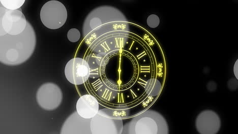 Animation-of-clock-showing-midnight-and-spots-of-light-on-black-background