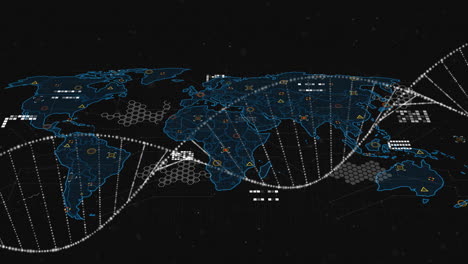 Animation-Eines-DNA-Strangs-Und-Datenverarbeitung-über-Einer-Weltkarte