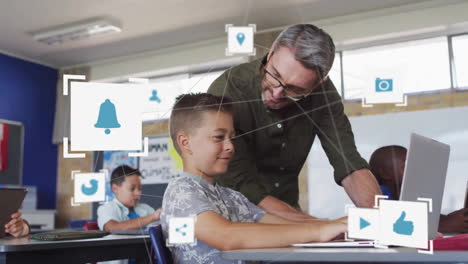 Animation-of-network-of-connections-with-icons-over-diverse-schoolboy-and-teacher