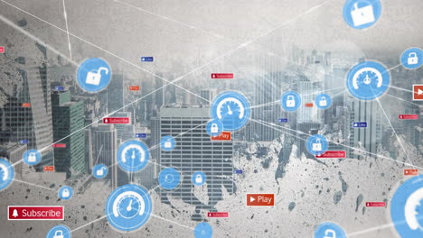 Animation-of-network-of-data-and-padlock-icons-with-social-media-notifications-over-cityscape
