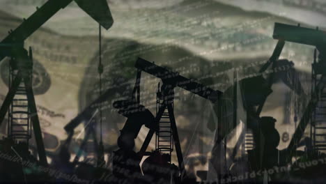Animation-Der-Verarbeitung-Finanzieller-Daten-über-Einer-Ölbohrinsel-Und-Einem-Amerikanischen-Dollarschein