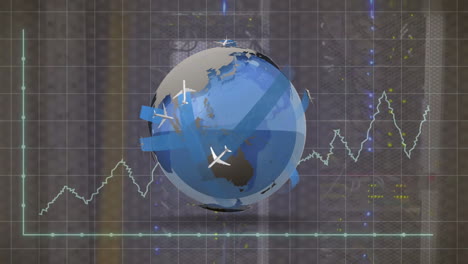 Animation-of-financial-data-processing-over-globe-with-airplanes