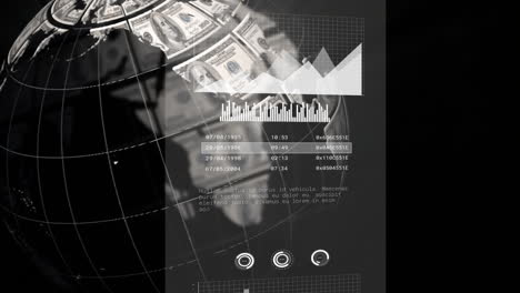 Animation-Der-Datenverarbeitung-über-Einem-Globus-Mit-Amerikanischen-Dollarnoten-Auf-Schwarzem-Hintergrund