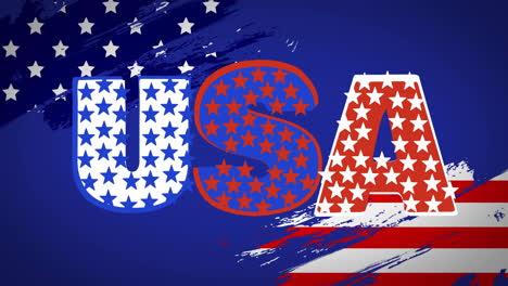 Animation-of-usa-text-with-stars-over-flag-of-usa-on-blue-background