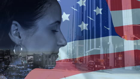 Animation-of-biracial-woman-with-cityscape-over-flag-of-usa
