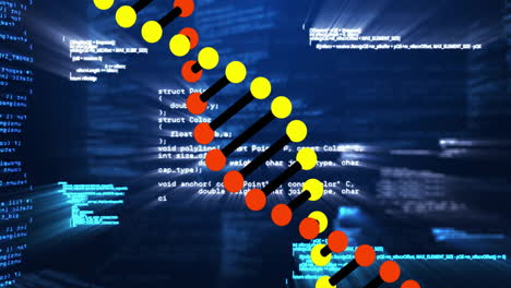 Animation-Des-DNA-Strangs-über-Die-Datenverarbeitung-Auf-Blauem-Hintergrund