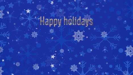 Animation-of-happy-holidays-text-and-snow-falling-over-christmas-blue-background