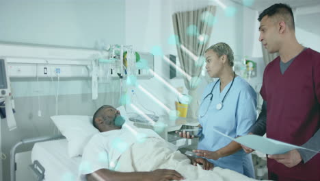Animation-of-dna-strand-over-diverse-doctors-and-patient-in-hospital