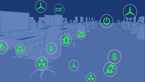 Animation-Von-Symbolen-Für-Nachhaltige-Energie-über-Dem-Digitalen-Arbeitsplatz-Im-Büro