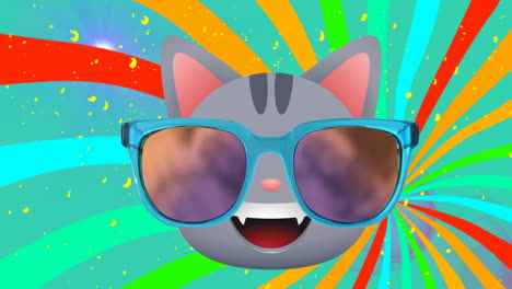 Animation-of-happy-cat-with-glasses-and-confetti-on-colourful-background