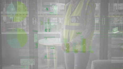 Animation-of-data-on-interface-screens-over-caucasian-female-engineer-in-hi-vis-vest