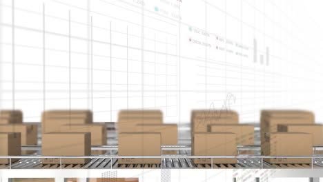 Animation-of-trading-boards-and-multiple-graphs-over-cardboard-boxes-on-conveyor-belt