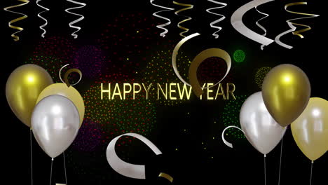Animation-of-gold-and-silver-balloons-with-happy-new-year-text-on-black-background