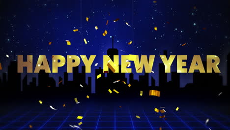 Animation-of-happy-new-year-text-and-confetti-over-cityscape-on-blue-background