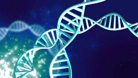 Animation-of-dna-strands-spinning-with-copy-space-and-glowing-spots-over-blue-background