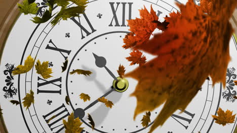 Animation-of-autumn-leaves-over-moving-clock