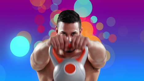 Animation-of-shirtless-fit-biracial-man-working-out-with-kettlebell-over-colourful-light-spots