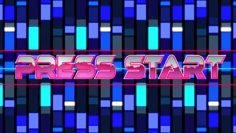 Animation-of-press-start-text-and-blue-shapes-over-black-background