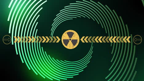 Animation-Von-Pfeilen-Und-Gefahrensymbol-Für-Ionisierende-Strahlung-über-Einem-Spiralmuster-Im-Hintergrund
