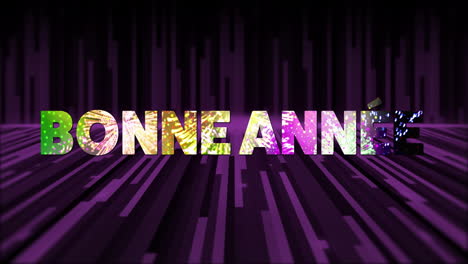 Animation-of-bonne-annee-text-and-fireworks-with-purple-light-trails-on-black-background