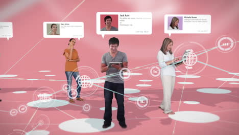 Animation-of-network-of-connections-with-icons-over-diverse-people-with-tablets