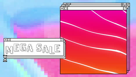 Animation-of-mega-sale-text-and-open-windows-with-egg-timer-over-colourful-computer-desktop