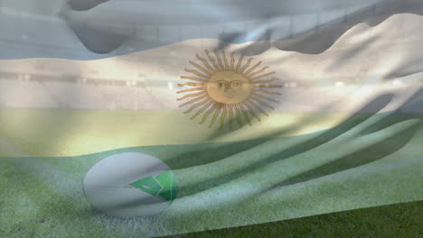 Animation-of-waving-flag-of-argentina-over-stadium-with-rugby-ball