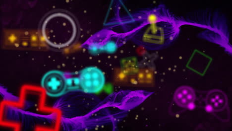 Animation-Von-Farbenfrohen-Videospiel-Controllern-Und-Symbolen-über-Violetten-Netzwerkwellen
