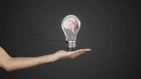 Animation-of-mathematical-data-processing-over-human-brain-in-lightbulb-over-woman's-hand