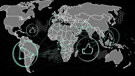 Animación-De-Iconos-De-Redes-Sociales-Y-Procesamiento-De-Datos-Sobre-El-Mapa-Mundial-Sobre-Fondo-Oscuro
